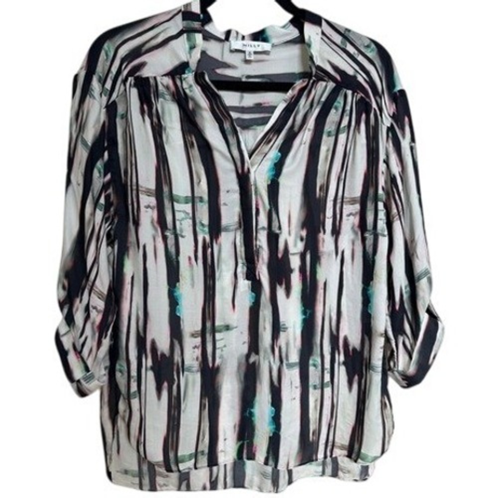 Milly NY 100% Silk Abstract Print‎ Popover Blouse Roll Tab Sleeve 6